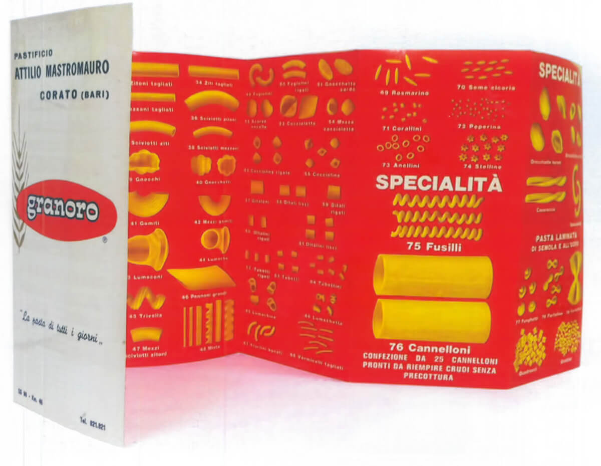 Il primo catalogo dei formati di pasta Granoro nel 1967